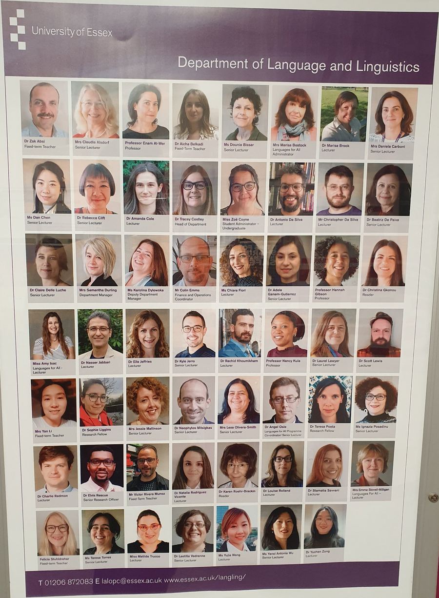 University of Essex Department of Language and Linguistics staff board, including Dr Rachid Khoumikham, Lecturer