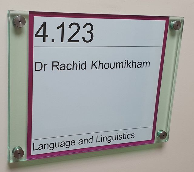 Office nameplate reading 4.123, Dr Rachid Khoumikham, Language and Linguistics